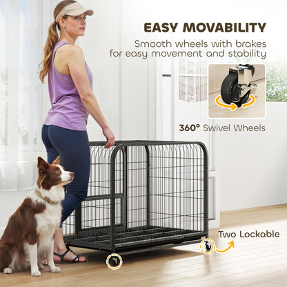Heavy Duty Dog Crate, Large Dog Cage with Wheels and Tray