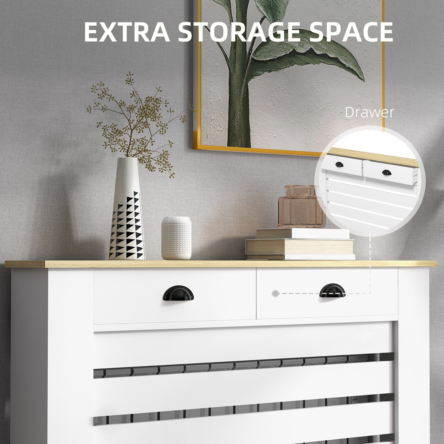 Radiator Cover with Drawer, Horizontal Slat, 111cm, White