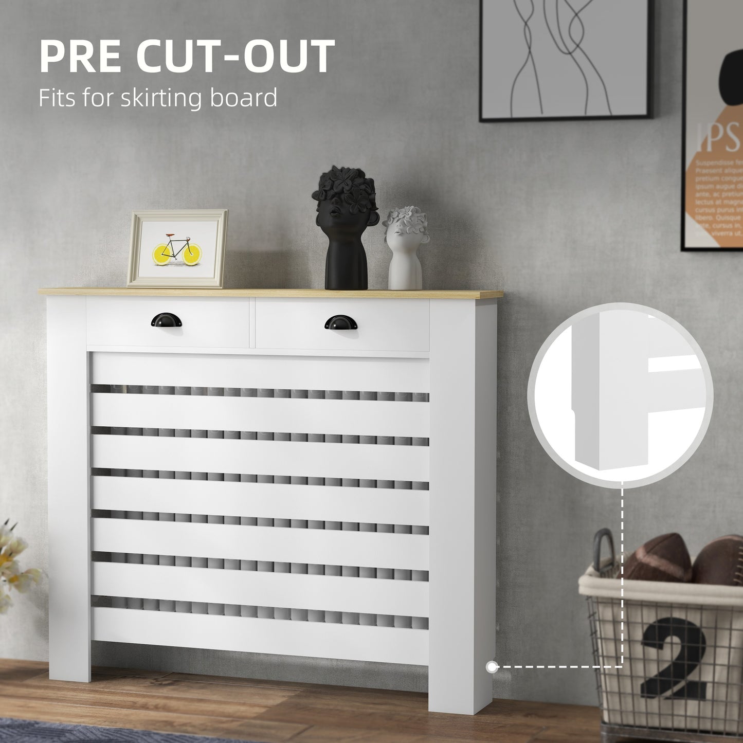 Radiator Cover with Drawer, Horizontal Slat, 111cm, White
