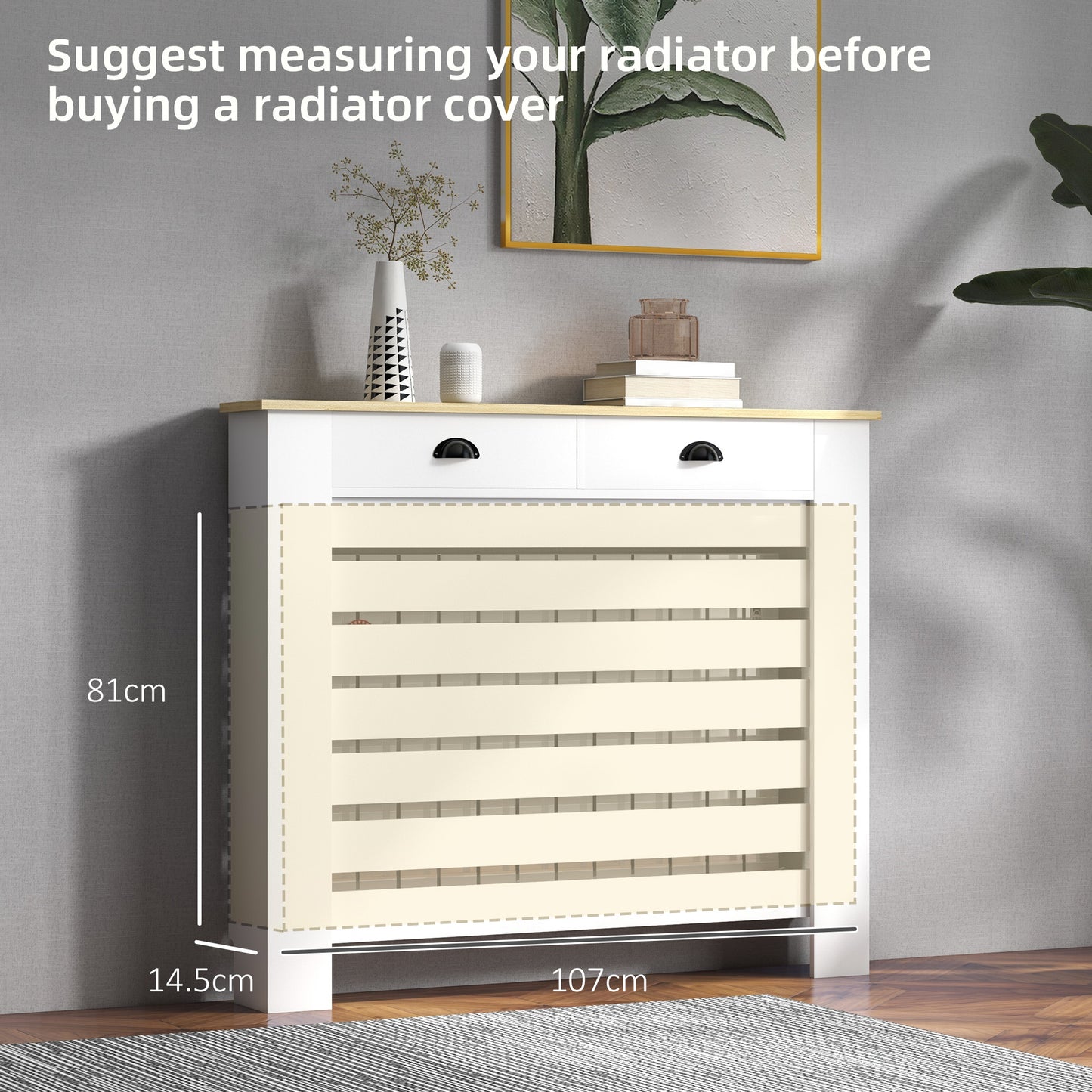 Radiator Cover with Drawer, Horizontal Slat, 111cm, White