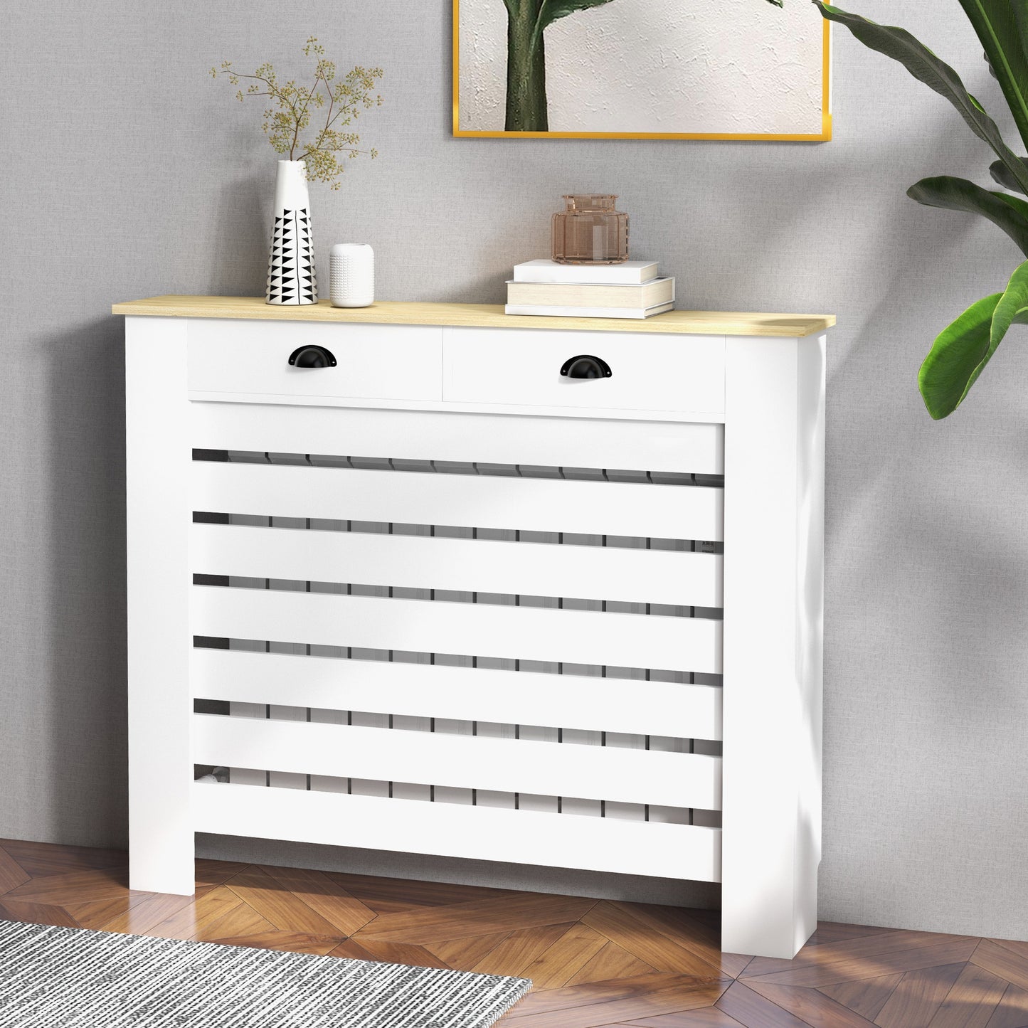 Radiator Cover with Drawer, Horizontal Slat, 111cm, White