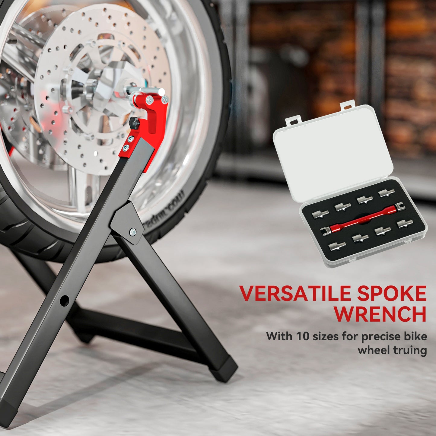 Steel Motorcycle Wheel Balancer Truing Stand with Spoke Wrench, Black