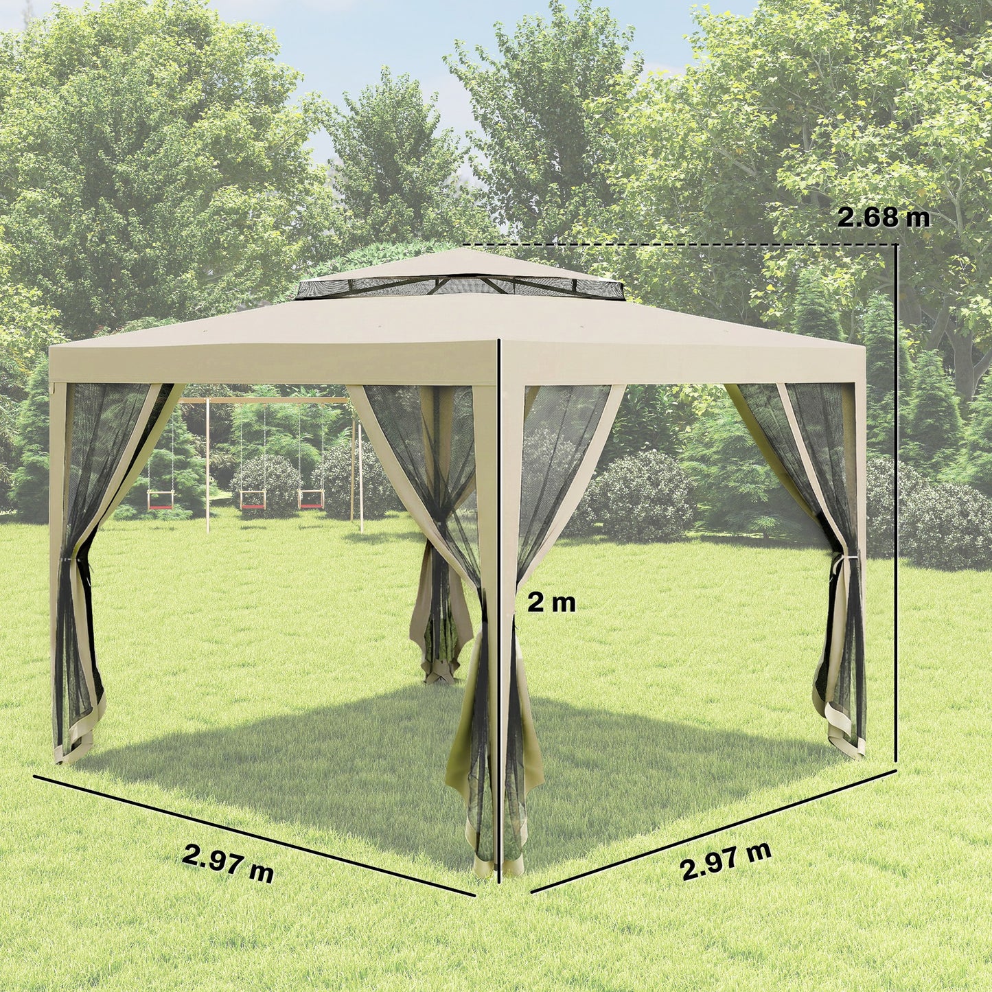3 x 3 m Gazebo, Netting Party Tent w/ Double Tier Roof, Beige