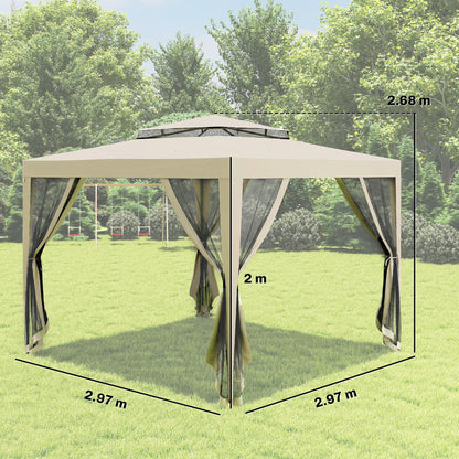3 x 3 m Gazebo, Netting Party Tent w/ Double Tier Roof, Beige