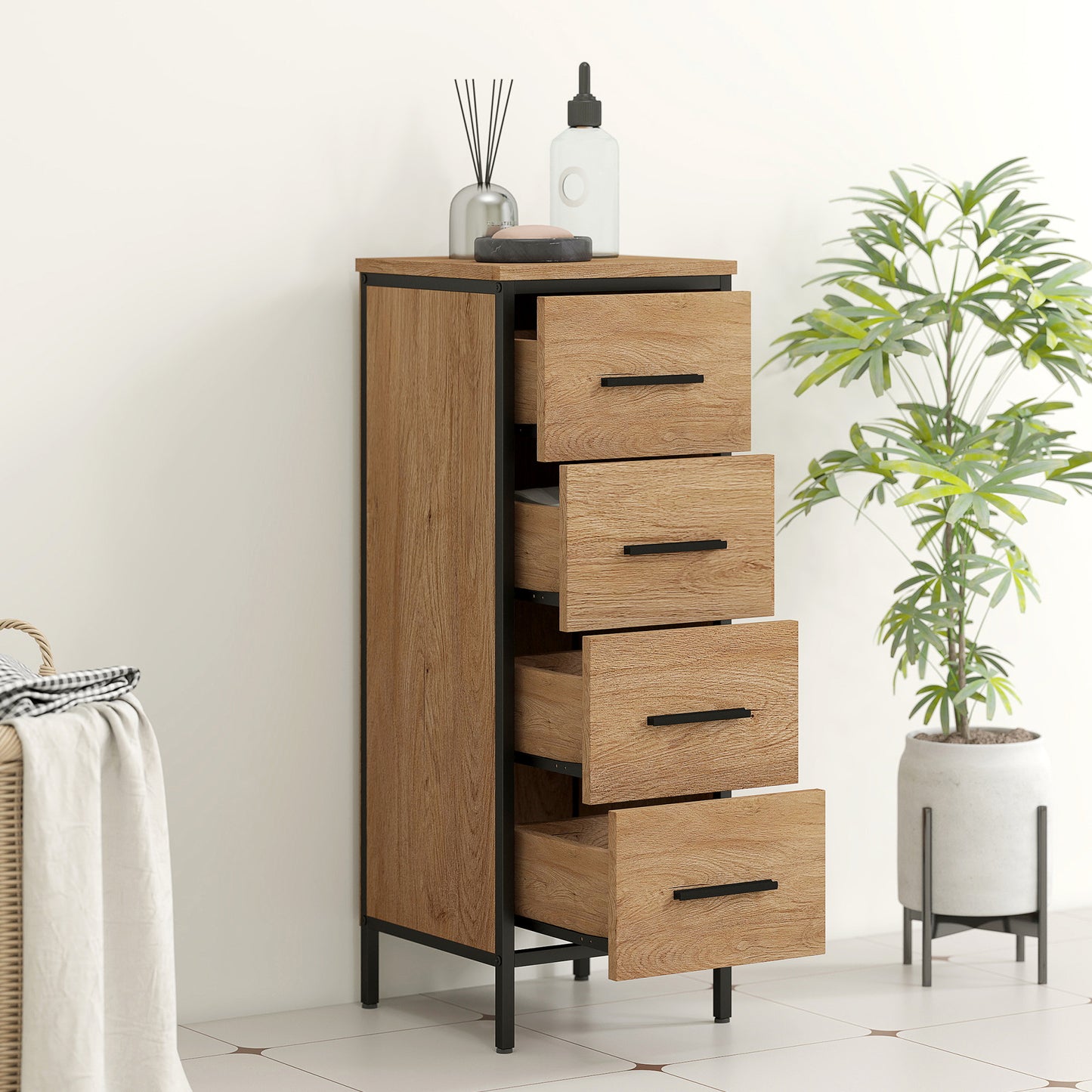 Narrow Bathroom Storage Cabinet with 4 Drawers for Small Spaces, Oak