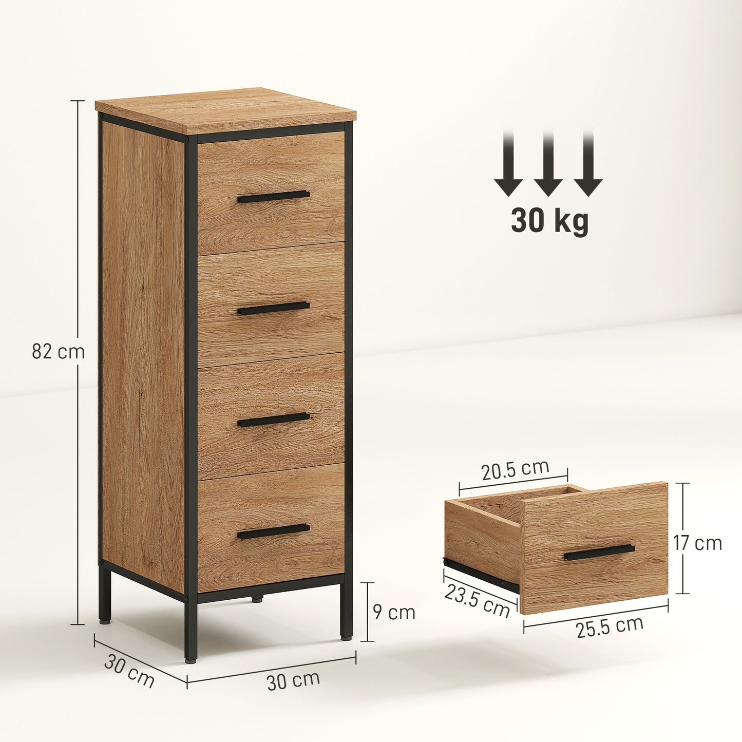Narrow Bathroom Storage Cabinet with 4 Drawers for Small Spaces, Oak