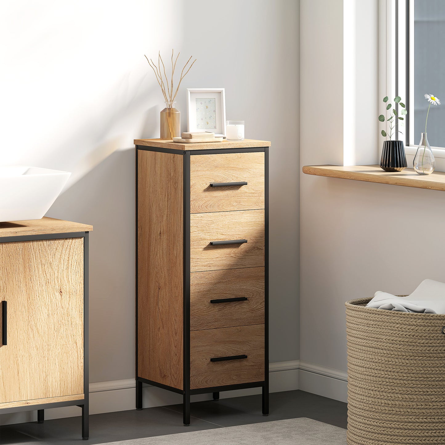 Narrow Bathroom Storage Cabinet with 4 Drawers for Small Spaces, Oak