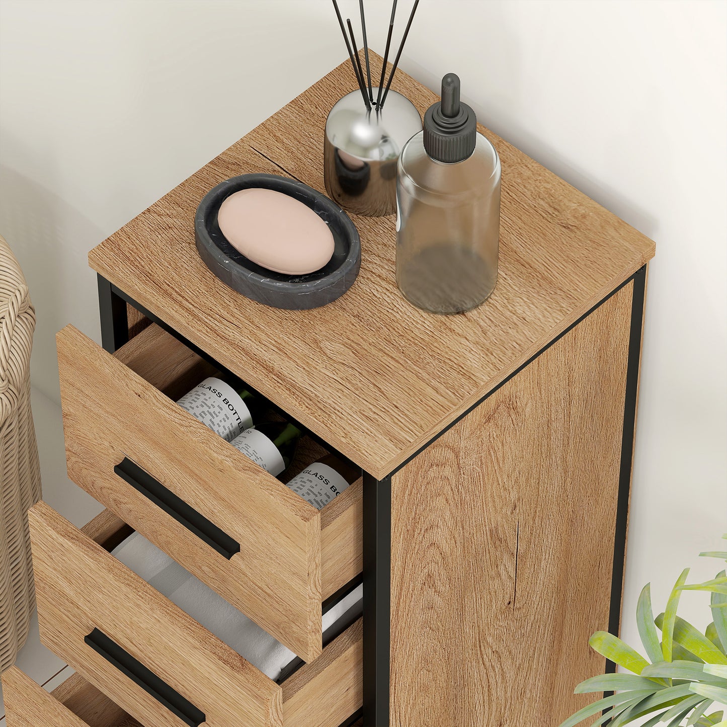 Narrow Bathroom Storage Cabinet with 4 Drawers for Small Spaces, Oak