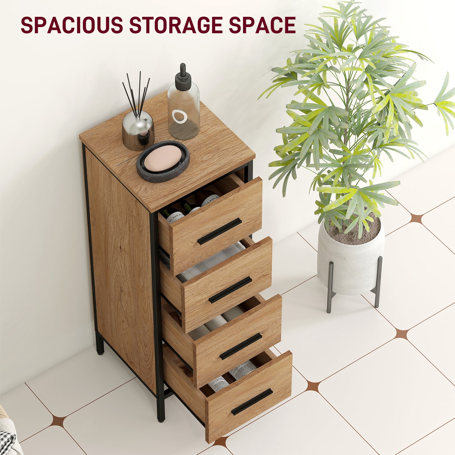 Narrow Bathroom Storage Cabinet with 4 Drawers for Small Spaces, Oak