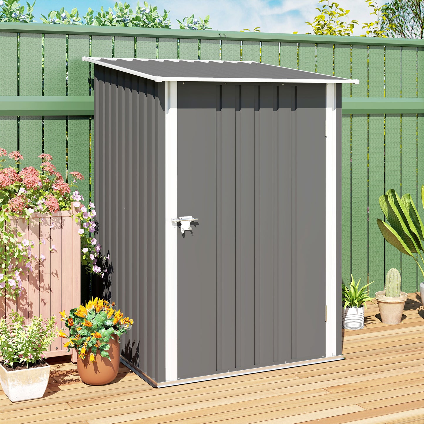 3.3ft x 3.4ft Lean to Garden Shed, Metal Outdoor Storage Shed with Single Lockable Door, Tool Storage Shed for Garden, Patio, Lawn, Grey