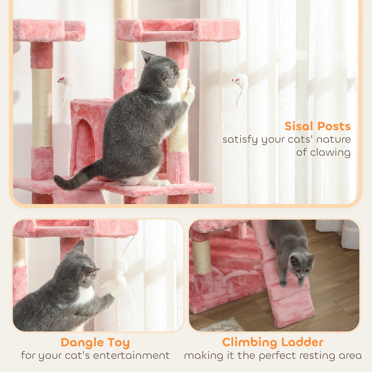 173cm Cat Tower Scratching Post Activity Centre for Indoor Pink