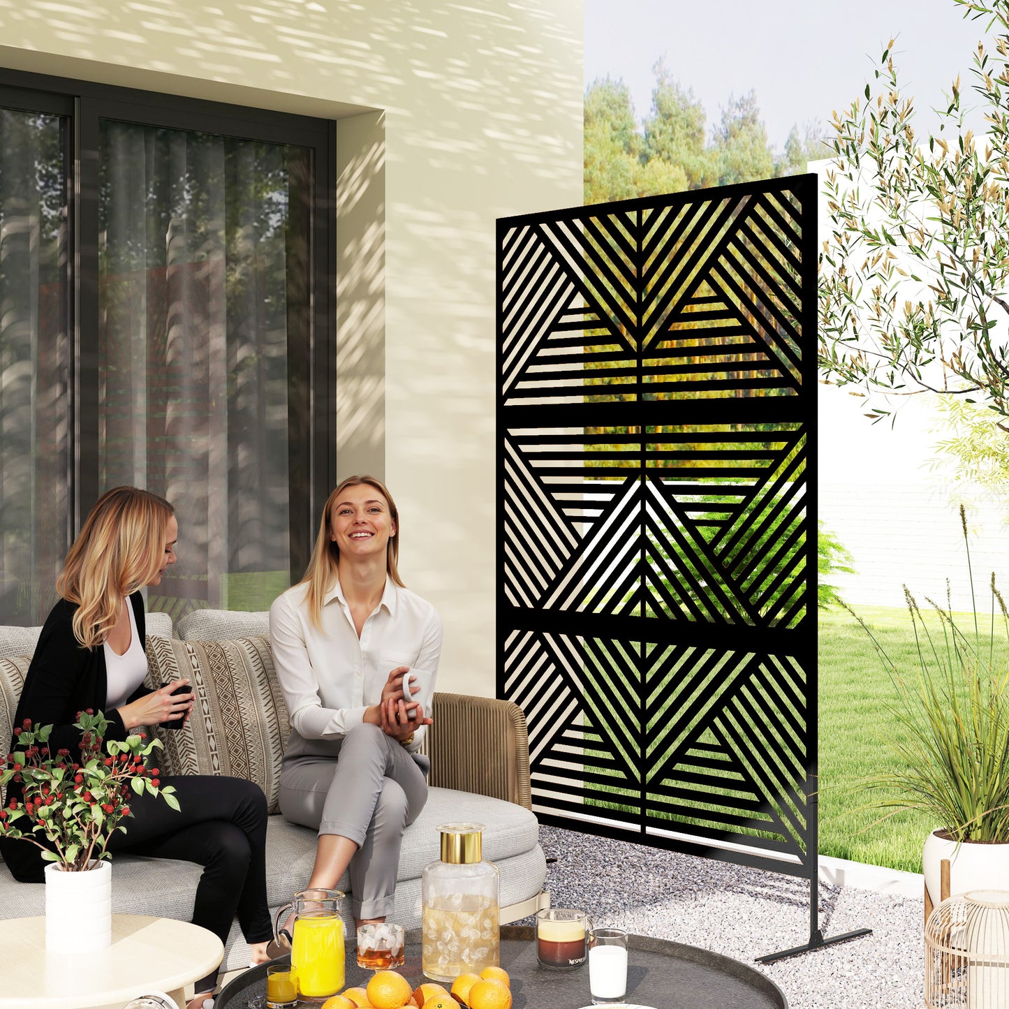 Decorative Outdoor Divider Privacy Panel with Stand, Rhombus Black