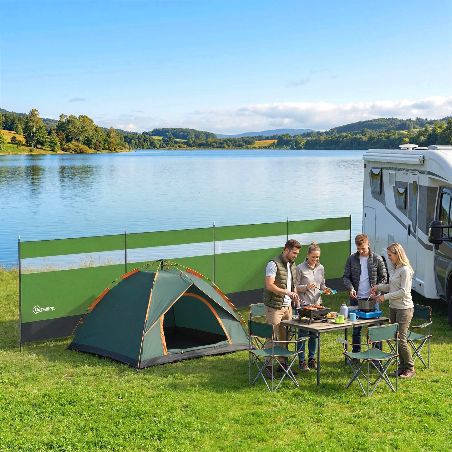 Camping Windbreaks with Clear Windows, 725 x 140cm, Army Green