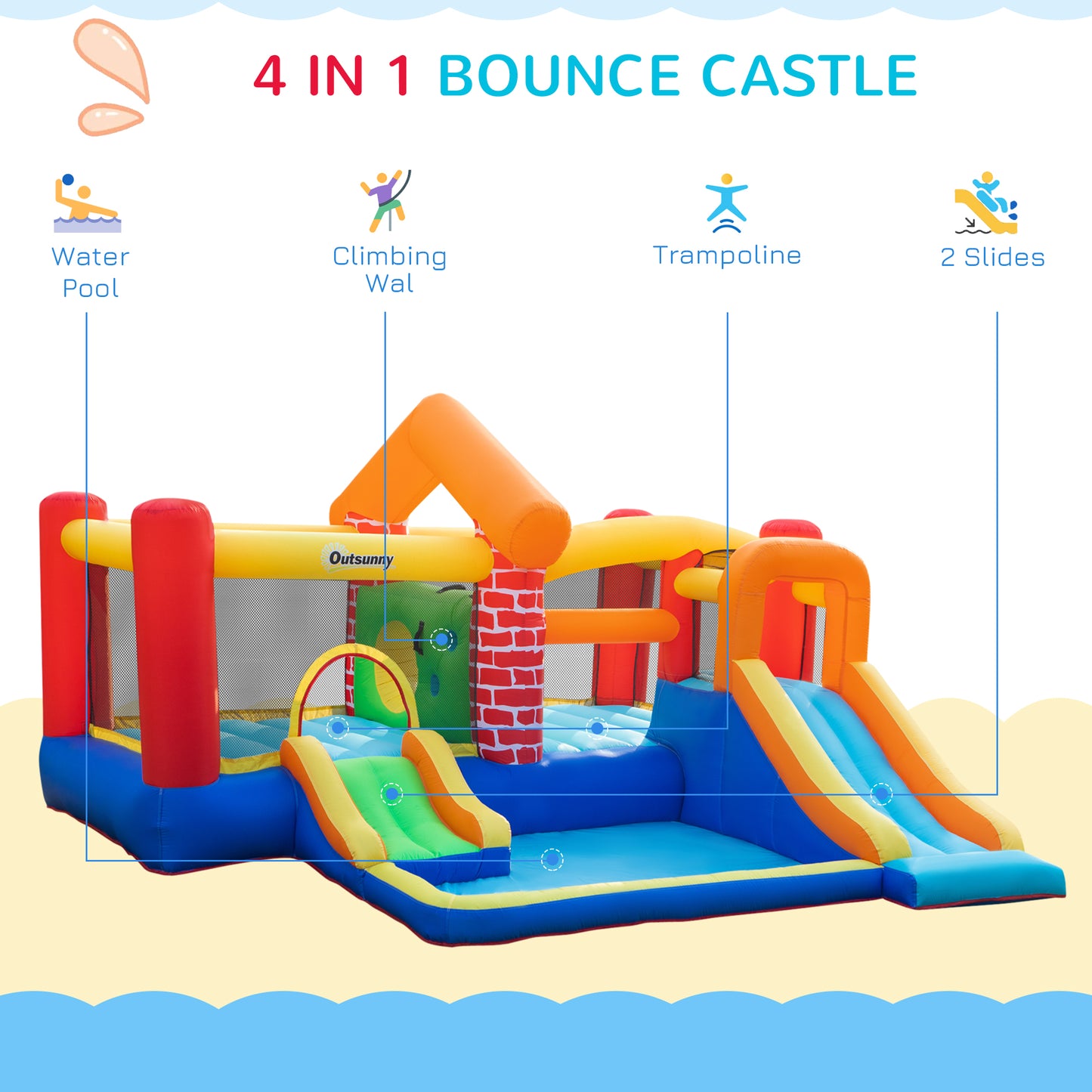 4 in 1 Kids Bounce Castle Extra Large Double Slides & Trampoline Design Inflatable House Pool Climbing Wall for Kids Age 3-8, 3.8x3.7x2.3m