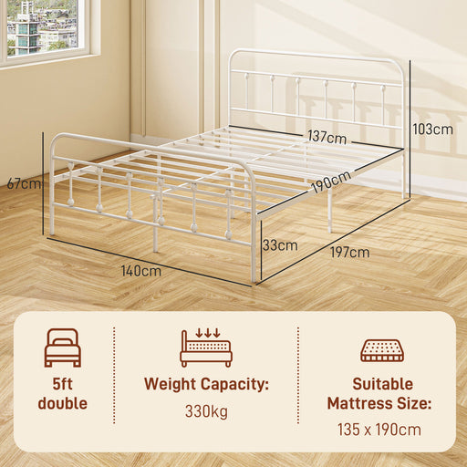 4ft Metal Double Platform Bed Frame w/ Underbed Storage Headboard White