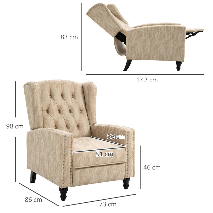 Studded Upholstered Reclining Armchair w/ Retractable Footrest Beige