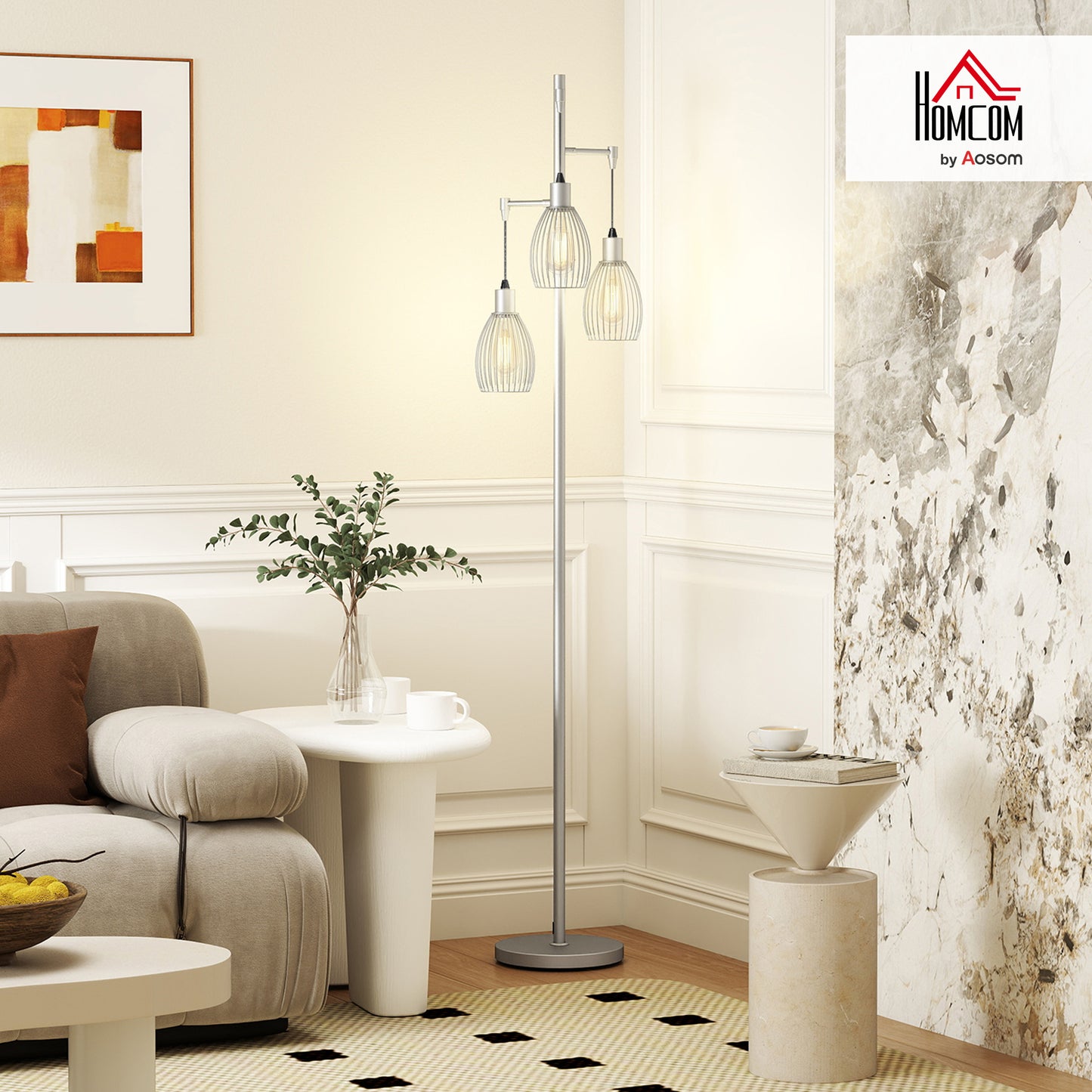 Industrial 3-Light Floor Lamp Dimmable LED Standing Lamp, Silver Tone