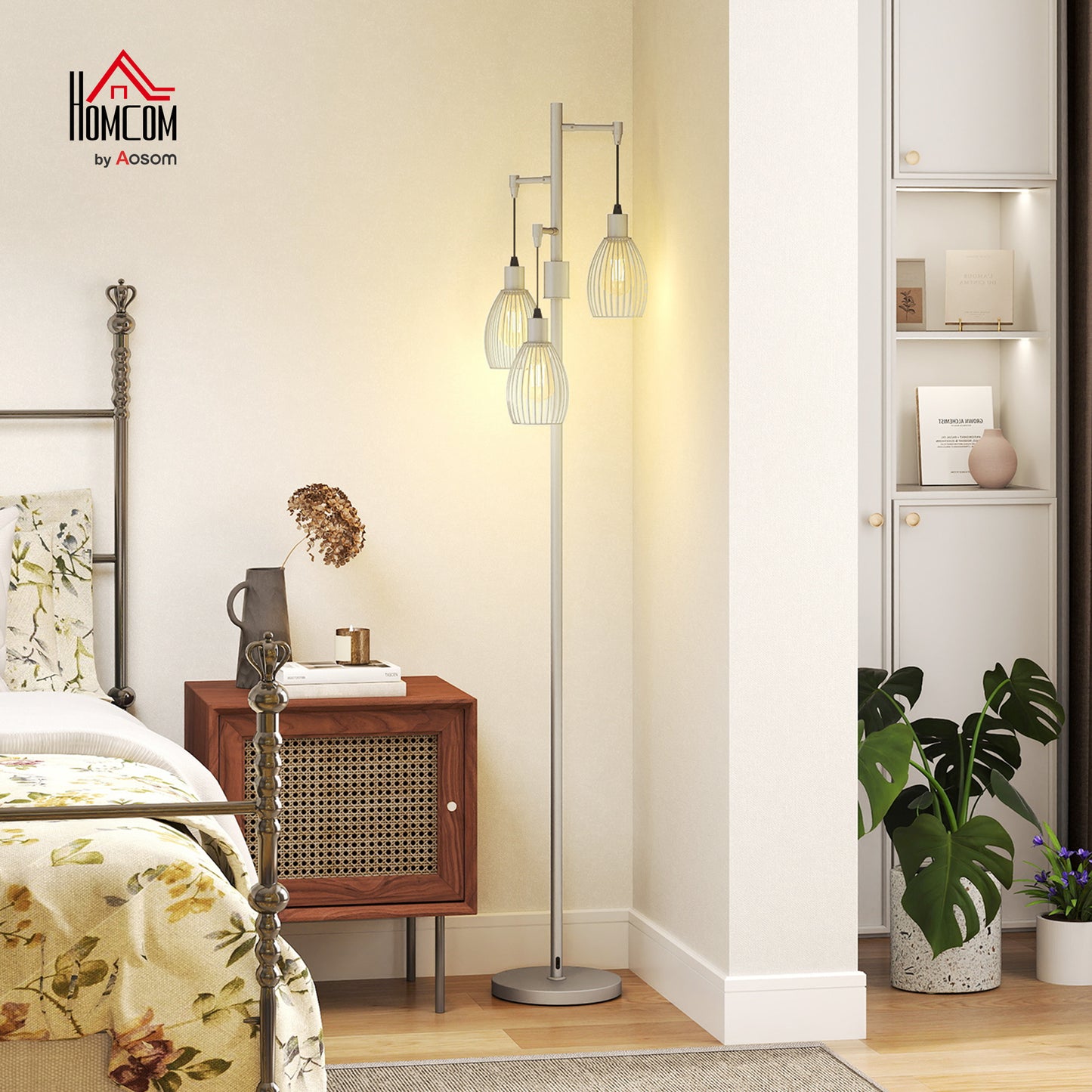 Industrial 3-Light Floor Lamp Dimmable LED Standing Lamp, Silver Tone