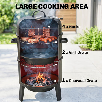 3-in-1 Vertical Charcoal Smoker with 2 Grill Grates, Thermometer
