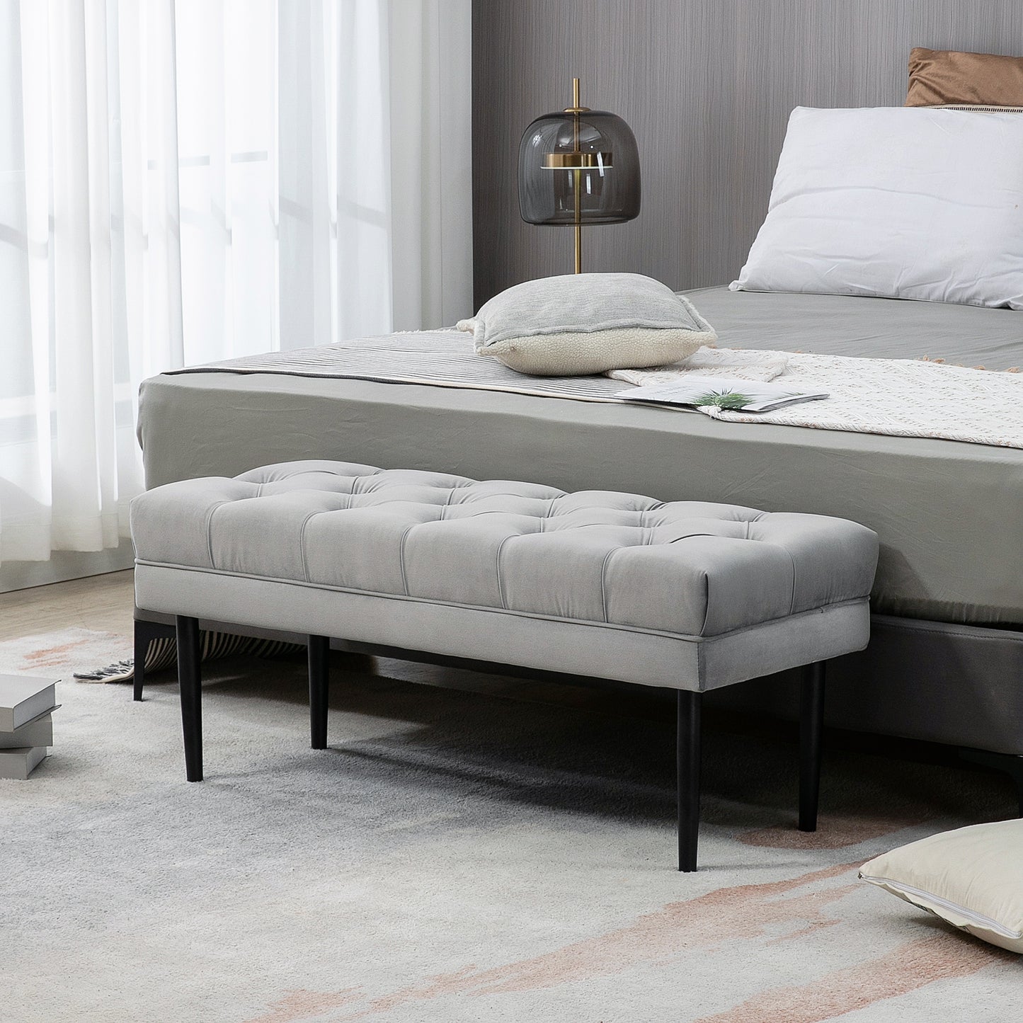Bed End Bench Button Tufted Upholstered Window Seat for Living Room Grey
