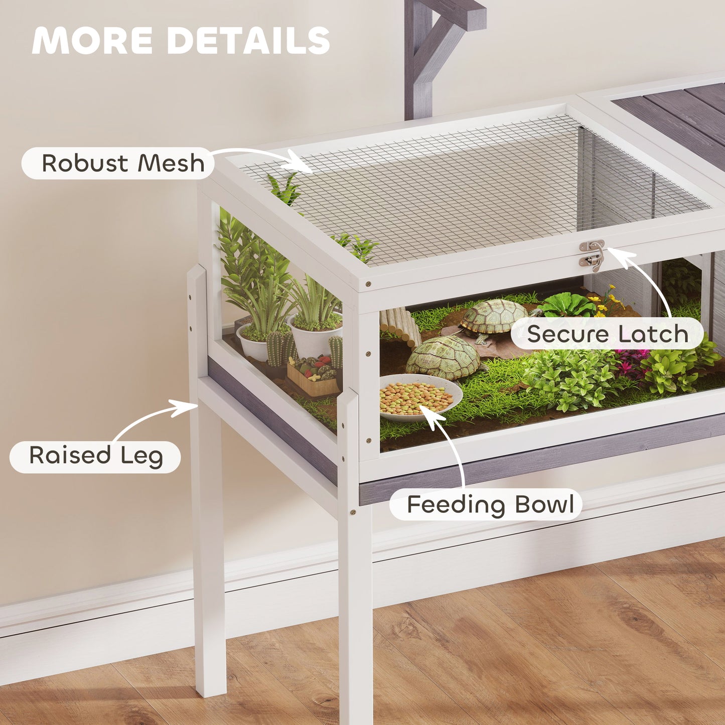 Tortoise Cage, Wooden Tortoise House Indoor with Dual-Zone Habitat, Clear Panels, Lamp Holder, Pull-Out Tray, Openable Top, Reptile Cage for Tortoises, Snake, Lizard, Grey