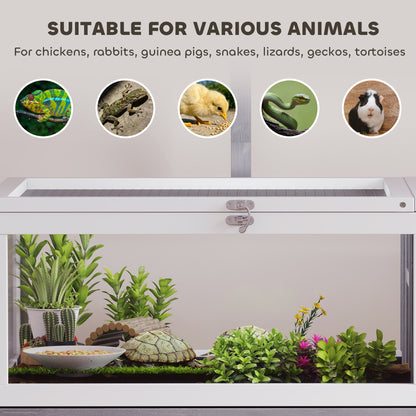 Tortoise Cage, Wooden Tortoise House Indoor with Dual-Zone Habitat, Clear Panels, Lamp Holder, Pull-Out Tray, Openable Top, Reptile Cage for Tortoises, Snake, Lizard, Grey