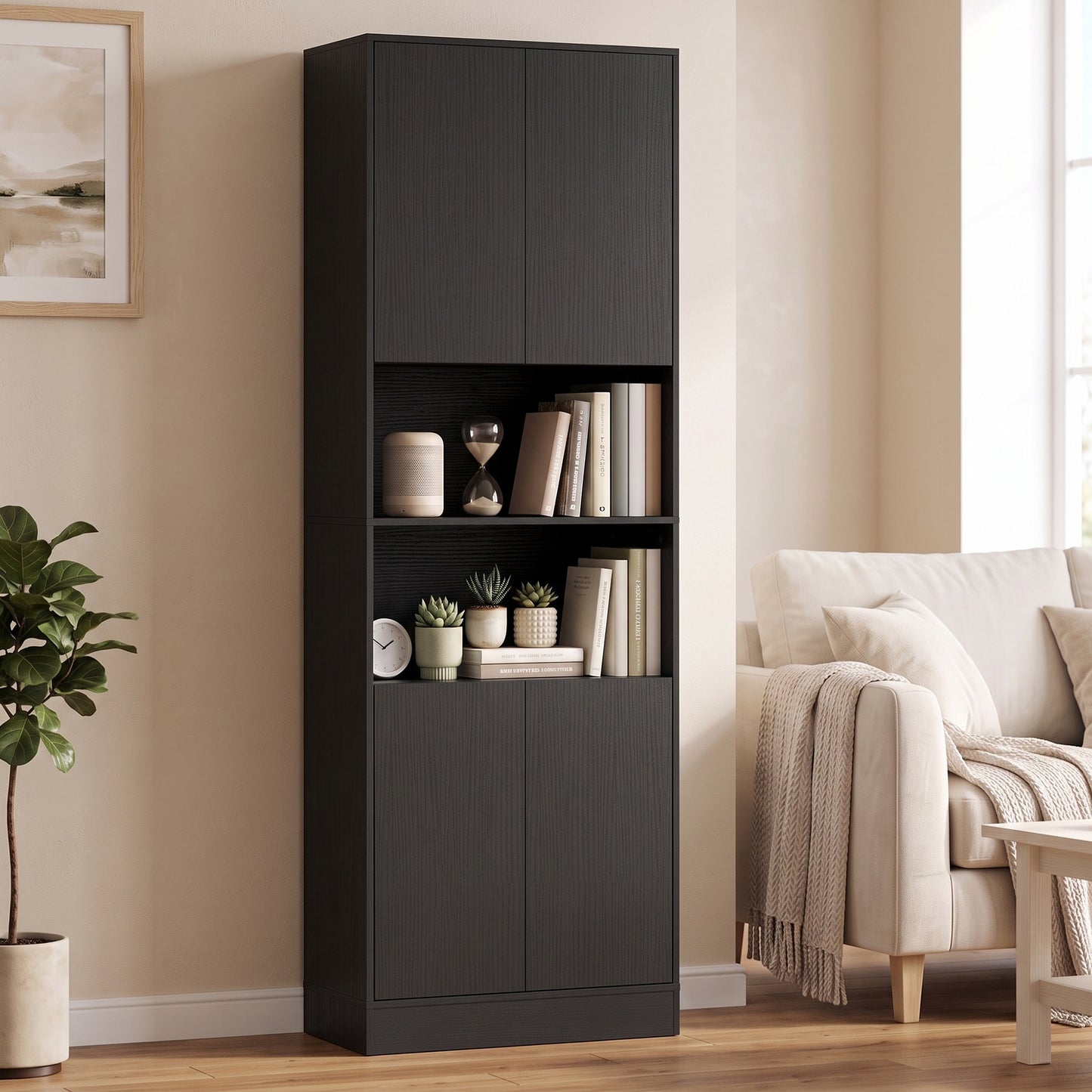 170cm Kitchen Pantry Cabinet with Soft-Close Hinges, Black Wood Effect