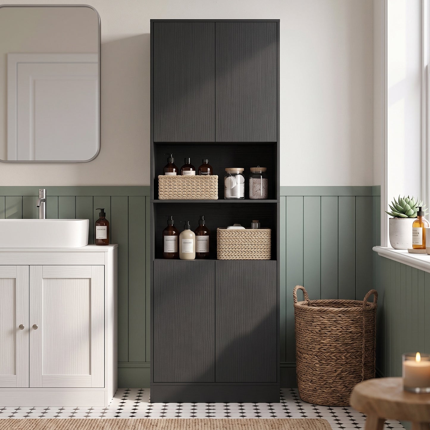 170cm Kitchen Pantry Cabinet with Soft-Close Hinges, Black Wood Effect