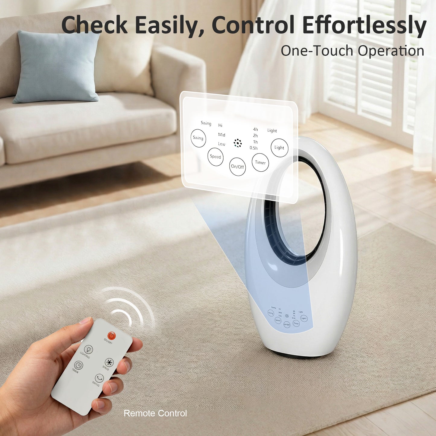 Bladeless Tower Fan for Bedroom, 36dB Standing Cooling Fan, White