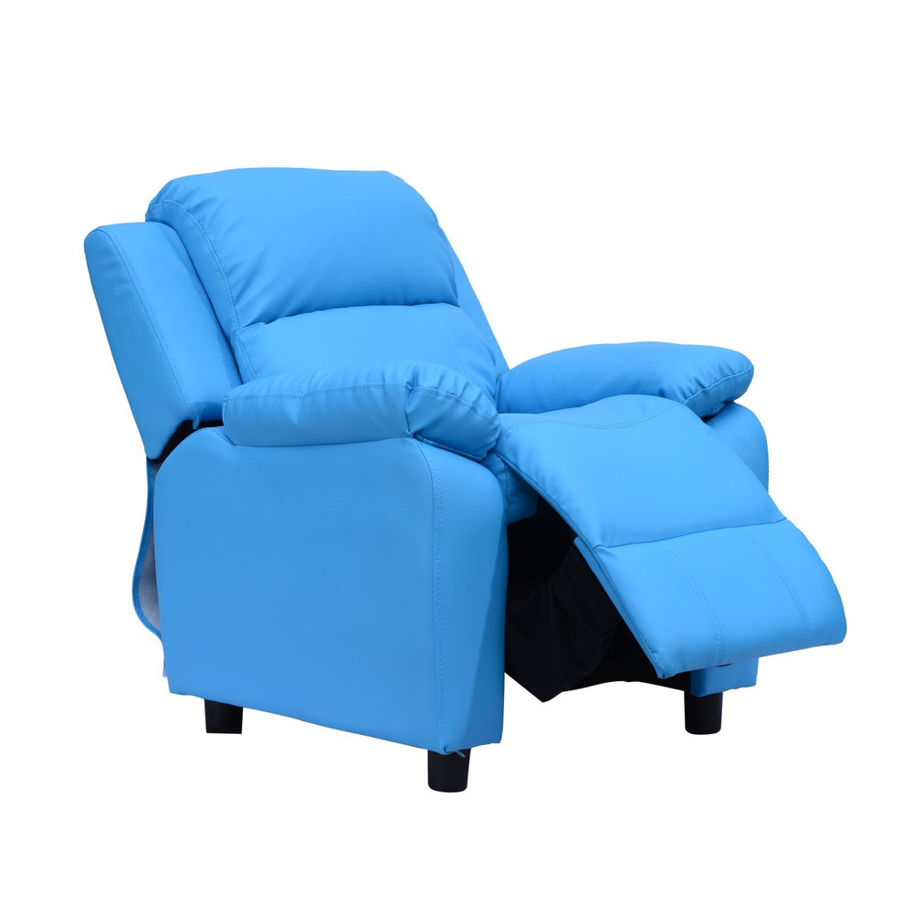 Kids Children Recliner Lounger Armchair Games Chair Sofa Seat PU Leather Look w/ Storage Space on Arms (Blue)