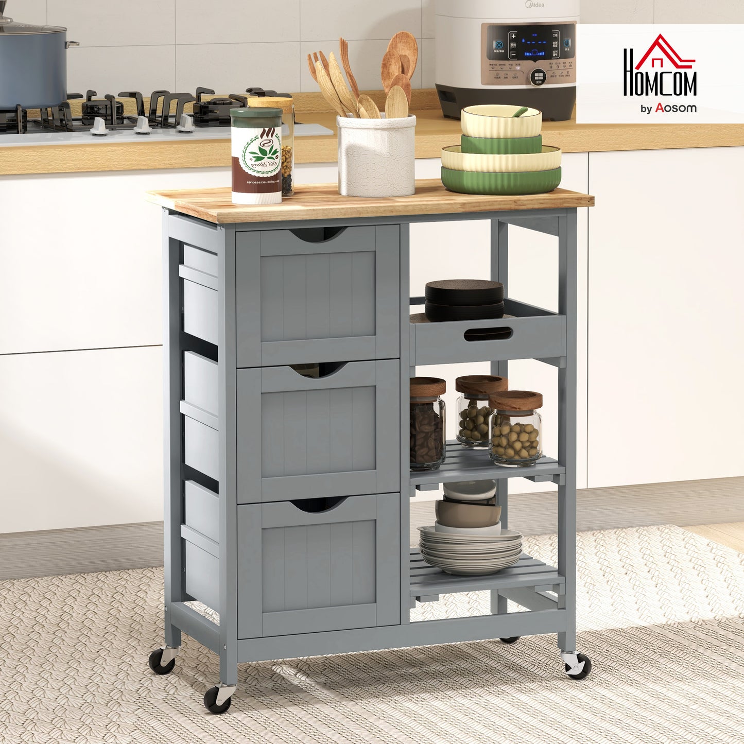 Rolling Kitchen Island Cart, Bar Serving Cart on Wheels Grey