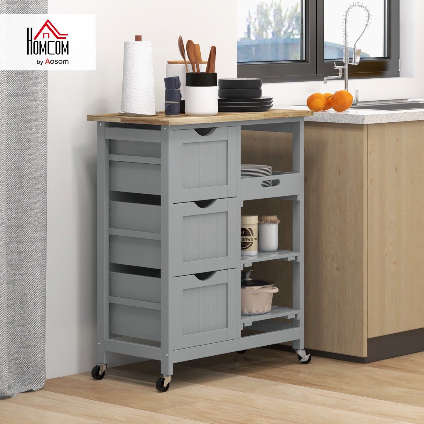 Rolling Kitchen Island Cart, Bar Serving Cart on Wheels Grey
