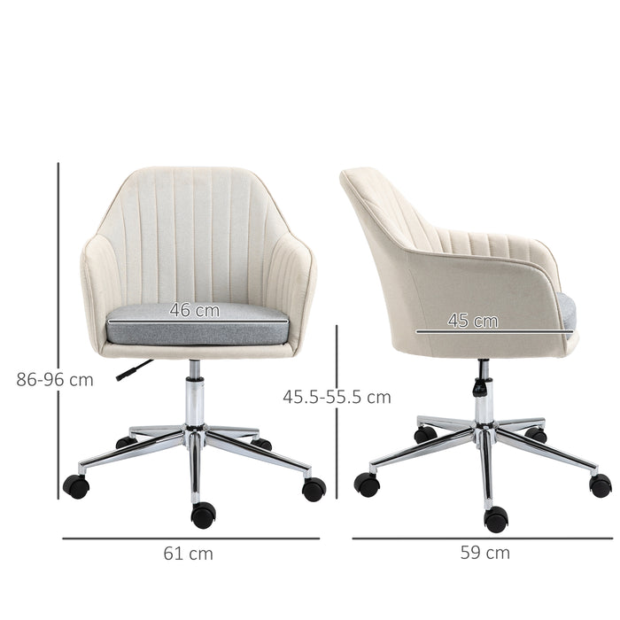 Leisure Office Chair Linen Fabric Swivel Scallop Shape Computer Desk Chair Home Study Bedroom with Wheels, Beige