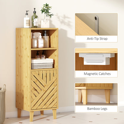 Narrow Bathroom Storage Cabinet with Open Compartments, Natural