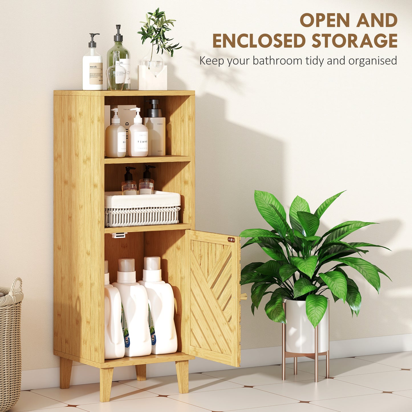 Narrow Bathroom Storage Cabinet with Open Compartments, Natural
