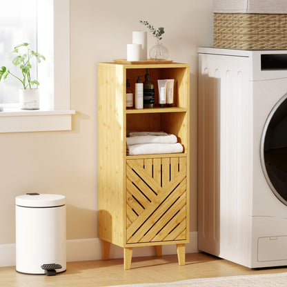 Narrow Bathroom Storage Cabinet with Open Compartments, Natural