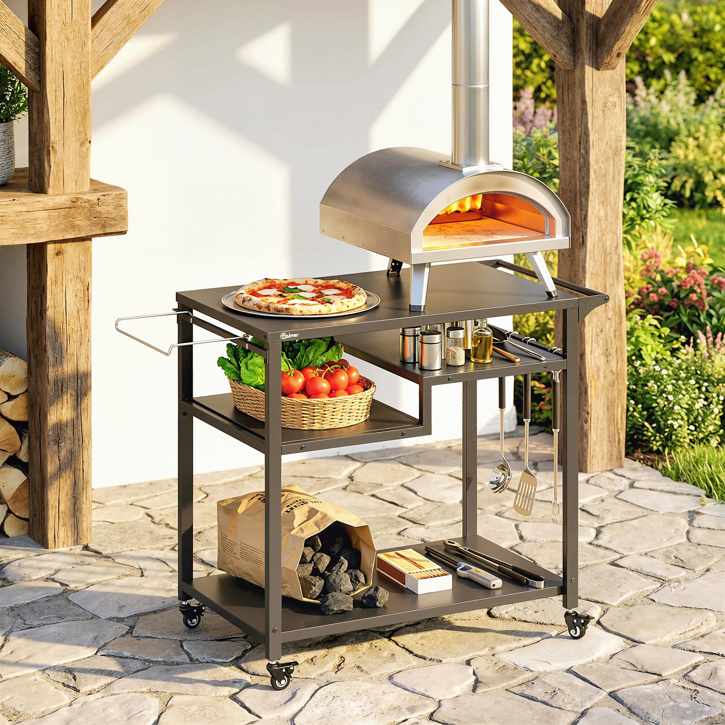 Outdoor Grill Cart, Movable Food Prep Table on Wheels, Black