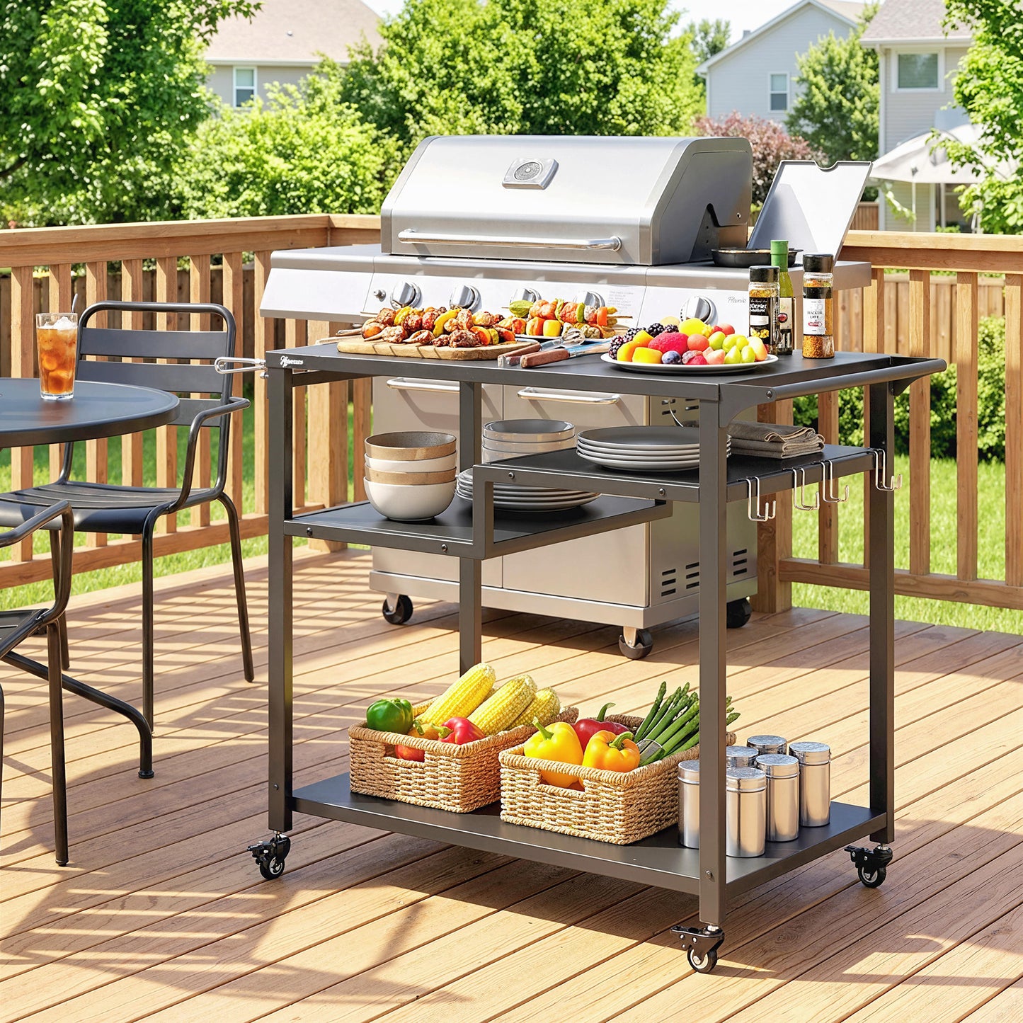 Outdoor Grill Cart, Movable Food Prep Table on Wheels, Black