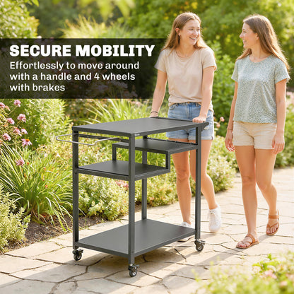 Outdoor Grill Cart, Movable Food Prep Table on Wheels, Black