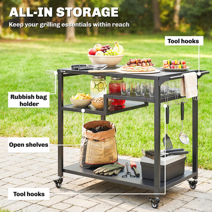 Outdoor Grill Cart, Movable Food Prep Table on Wheels, Black