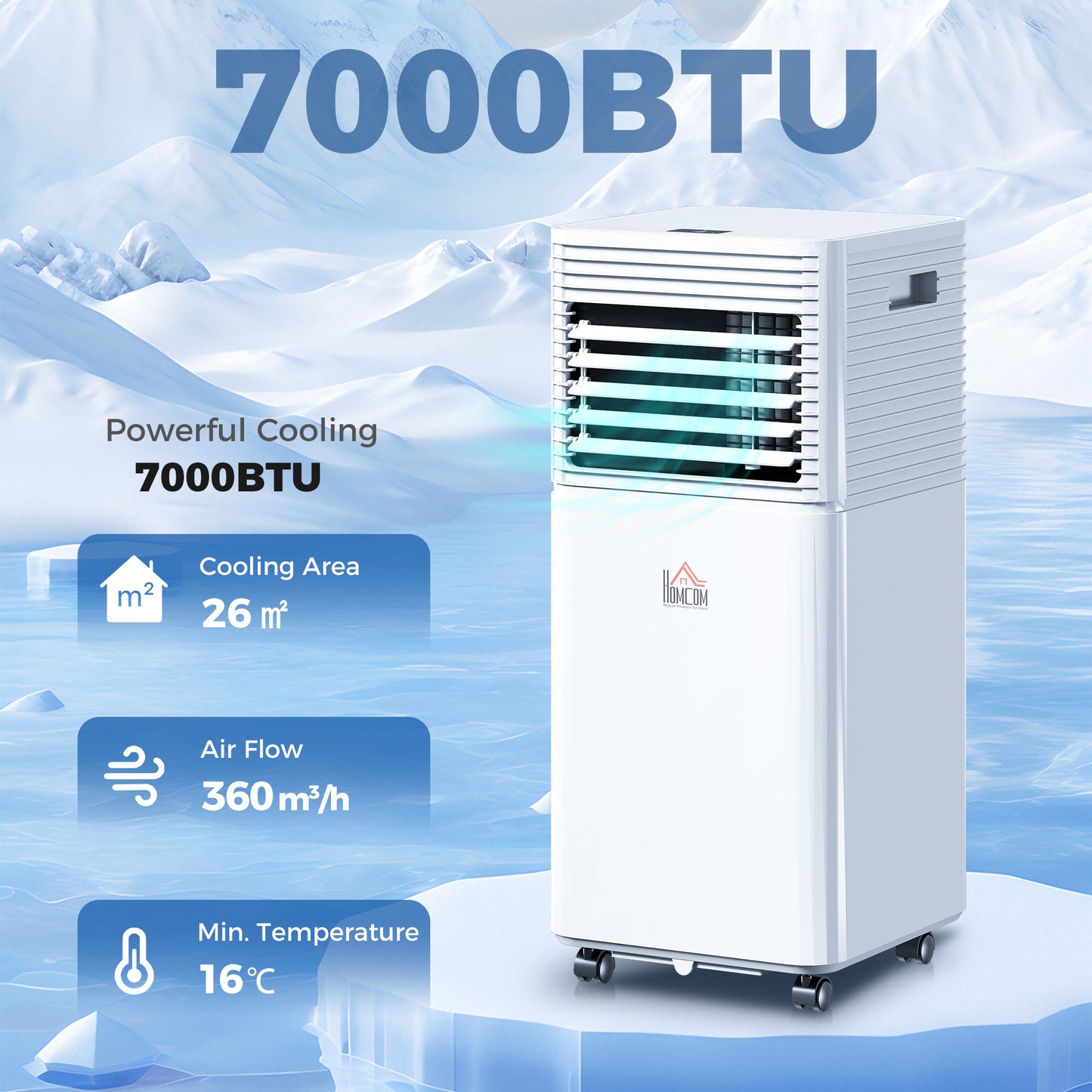 7000BTU Portable Air Conditioner 4 Modes LED Display Timer, White