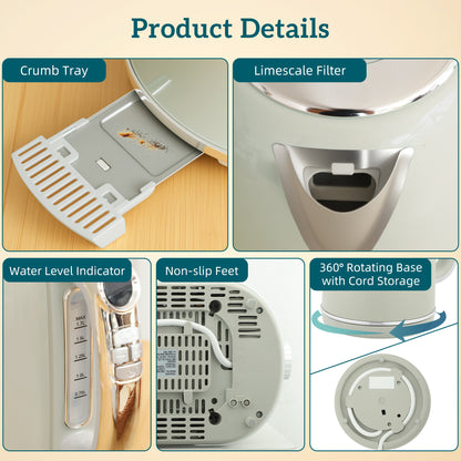 1.7L 3000W Kettle and 2 Slice Toaster with Keep Warm Memory Function