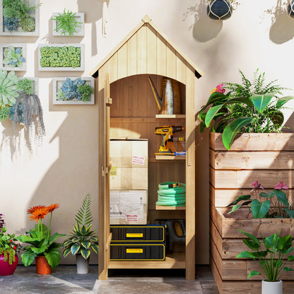 Wooden Garden Storage Shed with 3 Shelves, Outdoor Tool Storage Cabinet with Tilt Roof and Lockable Door, 77.5 x 54.2 x 179.5 cm, Natural