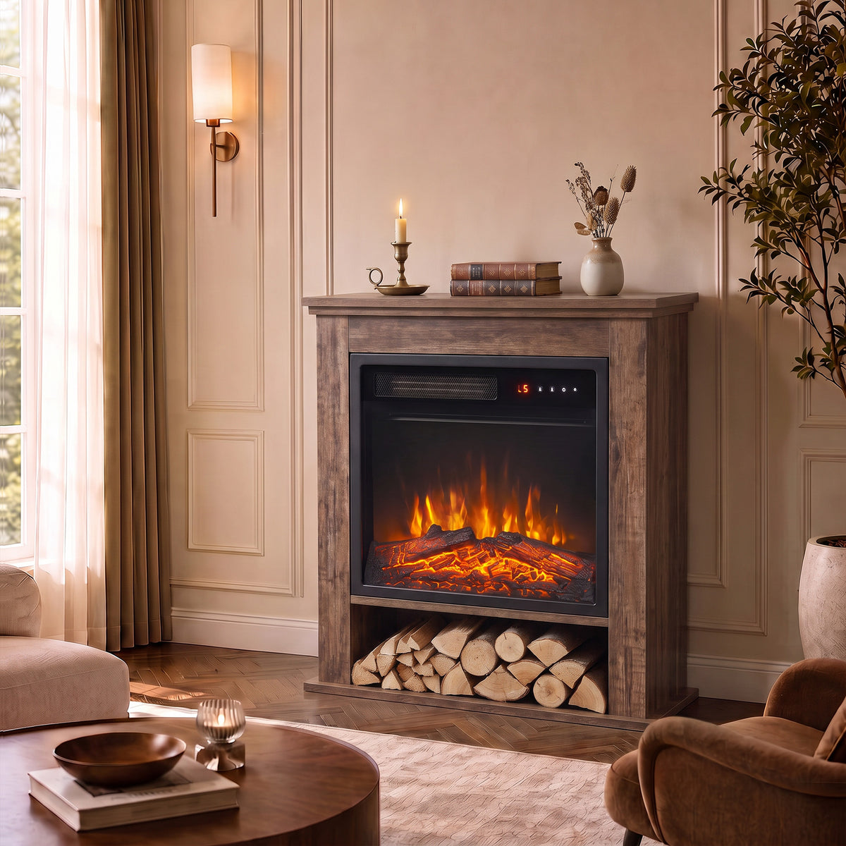 1800W Freestanding Electric Fireplace Suite with Log Shelf and Remote - Oak Effect