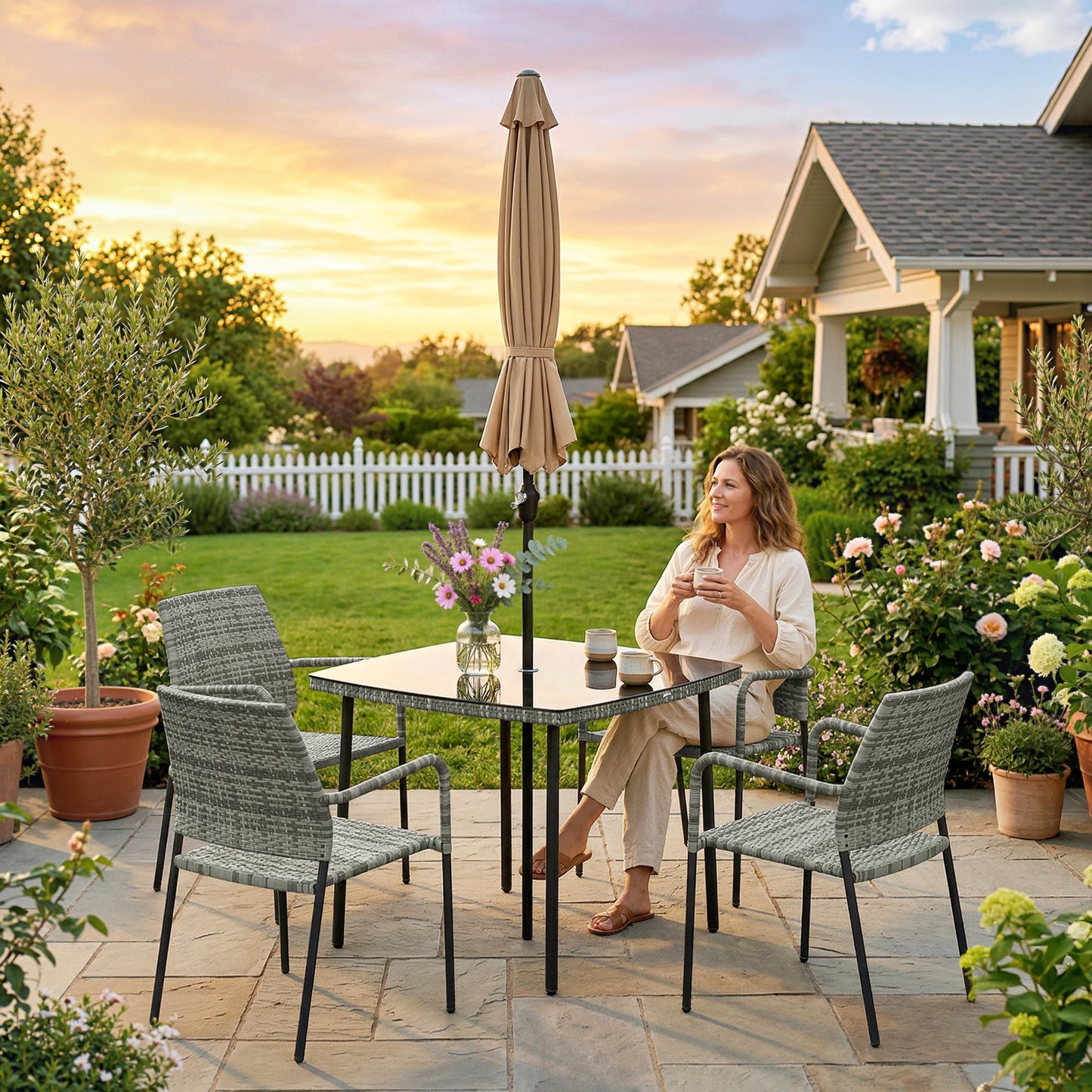4 Seater Rattan Dining Set with Parasol, Light Grey