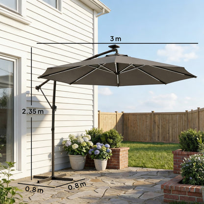 3 m Garden Cantilever Parasol with Solar Light, Rotation, Grey