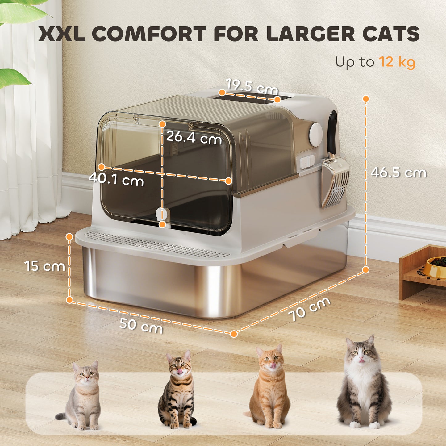 XXL Stainless Steel Litter Tray, Enclosed Cat Litter Box w/ Cover