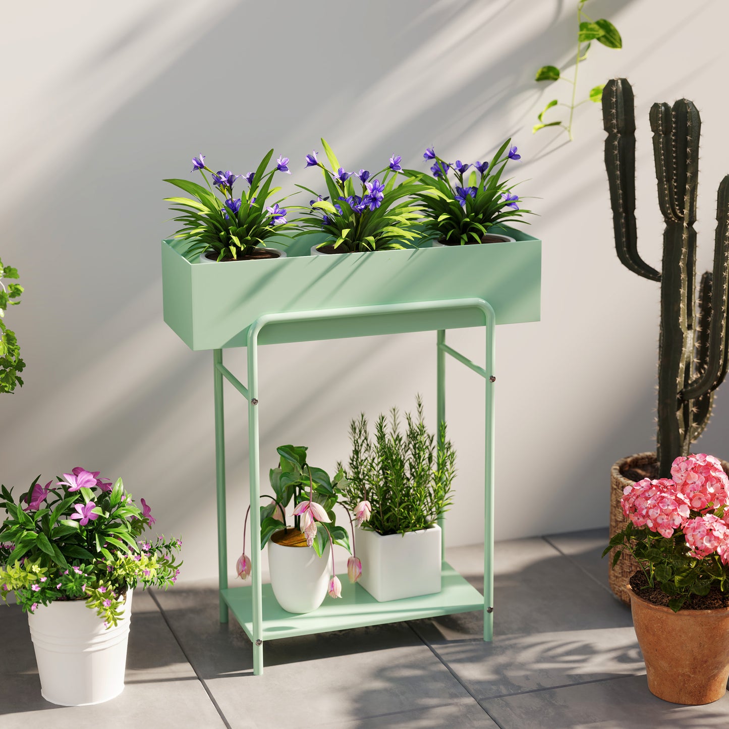 2 Tier Plant Stand, Metal Plant Rack with Drain Holes, Green