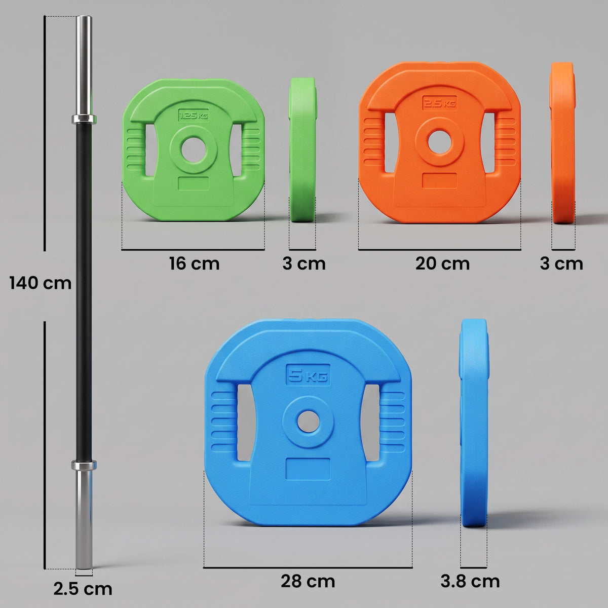 30kg Adjustable Barbell Set with 8 Grip Plates and Clips - Multicolour