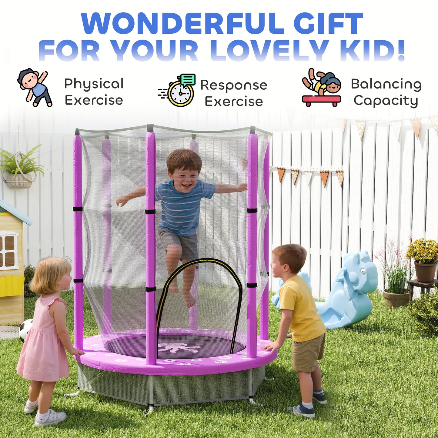4.6FT Kids Trampoline with Safety Enclosure Net, Purple